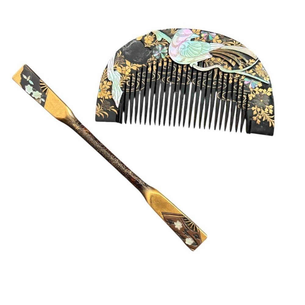 VTG Japanese Kushi Comb Hairpin Set Mother Of Pearl Decoration Some Damage